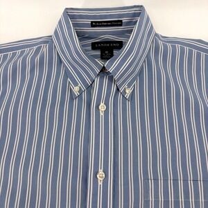 Lands End Mens Blue White Stripe Short Sleeve Button Down Shirt Size Medium Tall